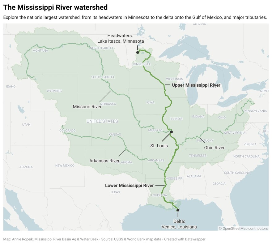 A map of the Mississippi River basin and its major tributaries.