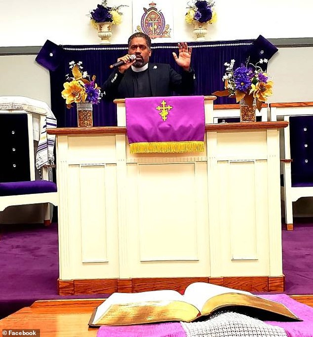 Rudolph Brooks, 48, pleaded guilty to wire fraud and money laundering after taking advantage of the Covid Paycheck Protection Program (PPP). Brooks, founder and senior pastor at the Kingdom Tabernacle of Restoration church, was sentenced to 18 months in prison on Tuesday, August 27. He is pictured preaching during a service at the church